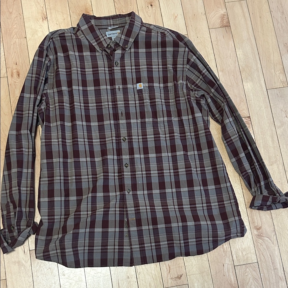 Carhartt Men’s Long-Sleeve Plaid Button-Down Shirt in Burgundy and Gray 2XL